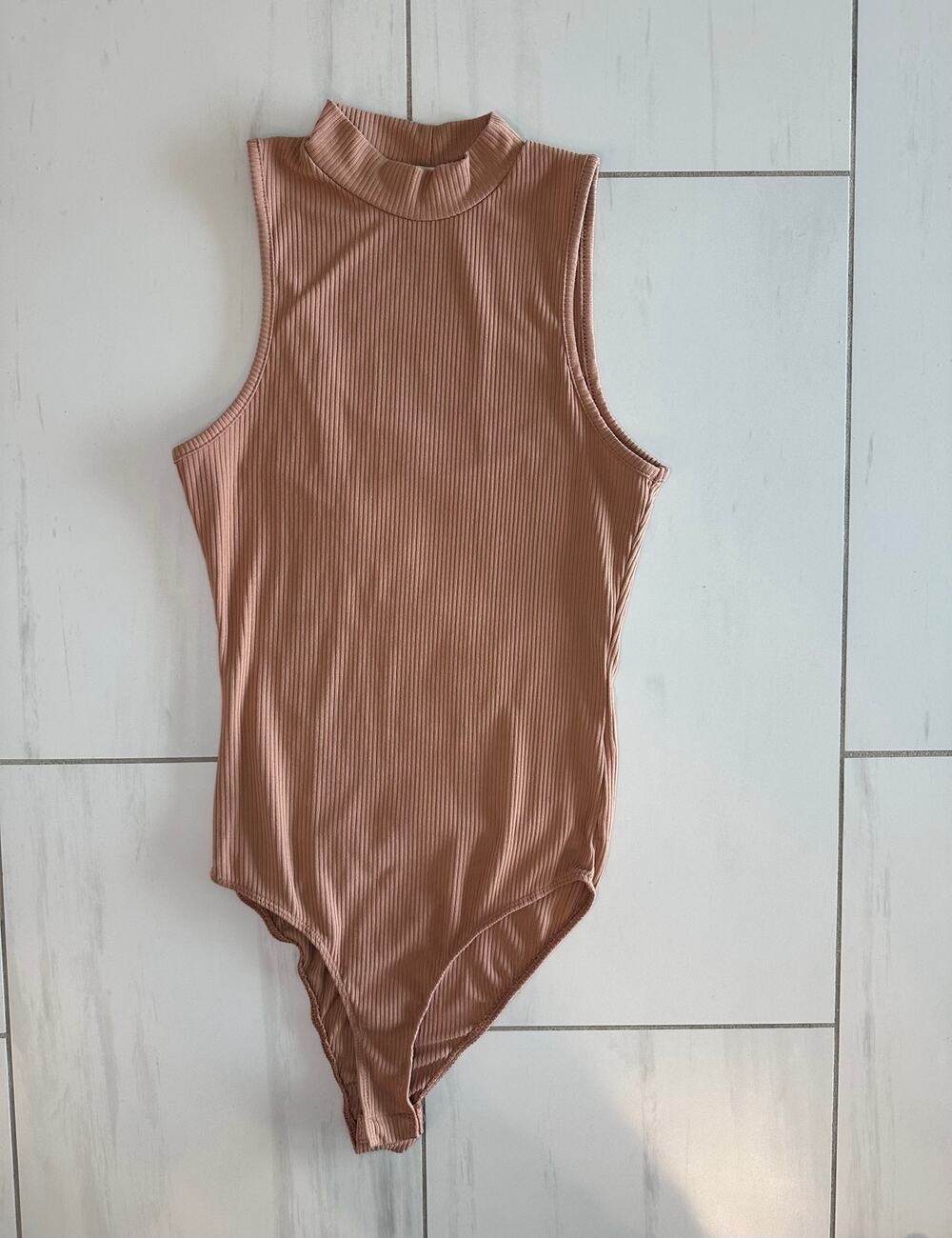 Women's Ribbed Mock Neck Sleeveless Bodysuit Tan Nude Stretch Snap Closure